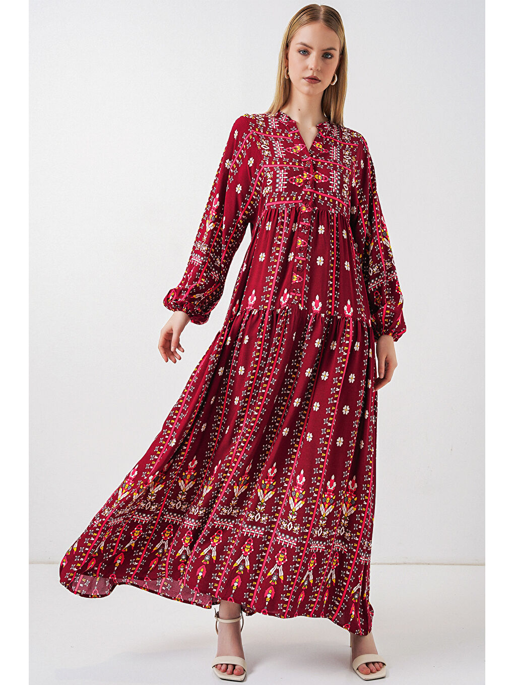 Kadın Desenli Uzun Tesettür Elbise 2585 - K. Kırmızı