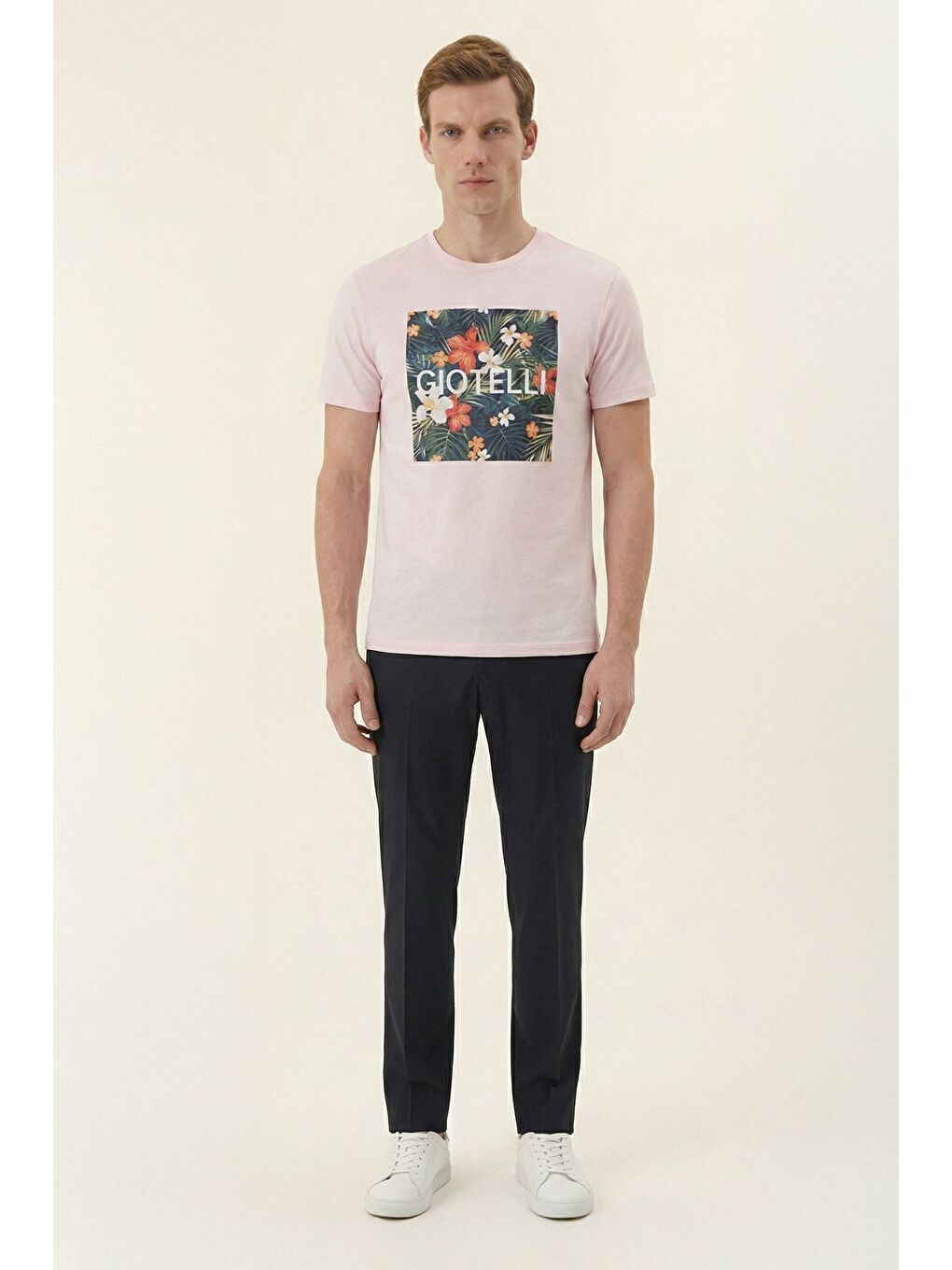 Giotelli Pembe Slim Fit Pamuk Karışımlı Bisiklet Yaka Erkek Tişört-1