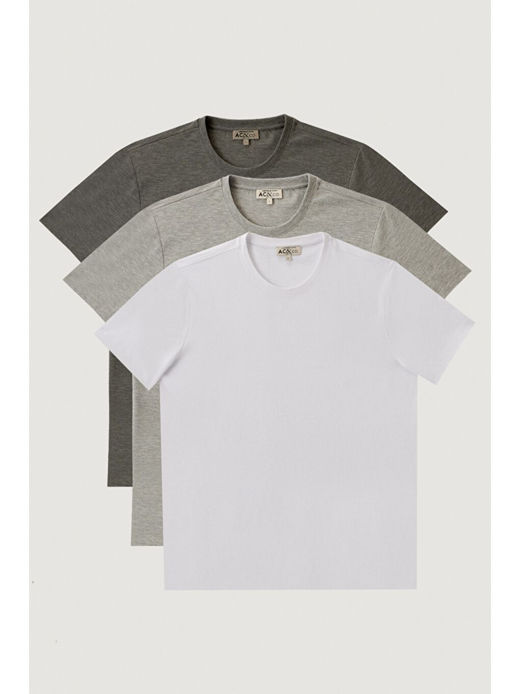 Erkek Beyaz-Gri Melanj-Koyu Gri Slim Fit Bisiklet Yaka 3'lü %100 Pamuk Tişört Paketi