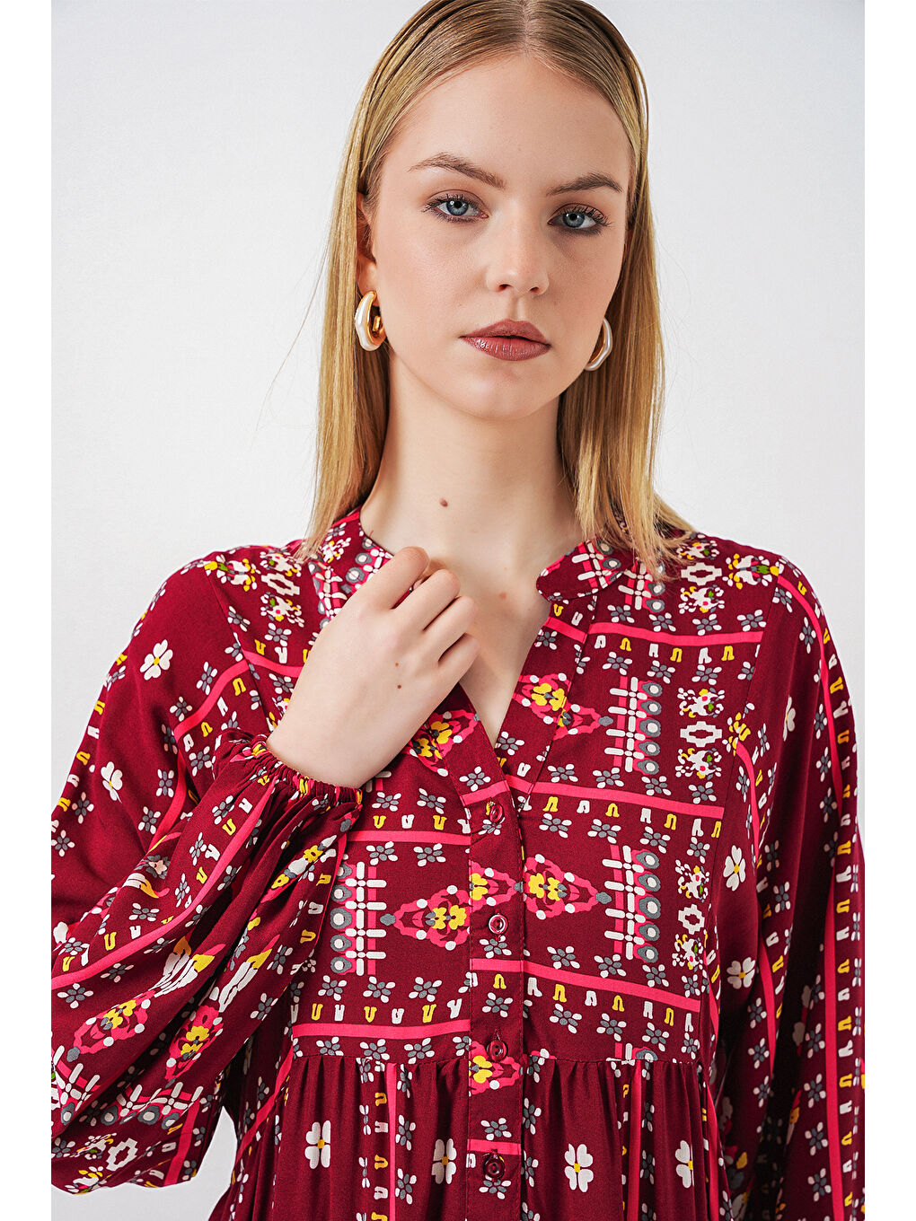 Kadın Desenli Uzun Tesettür Elbise 2585 - K. Kırmızı-1