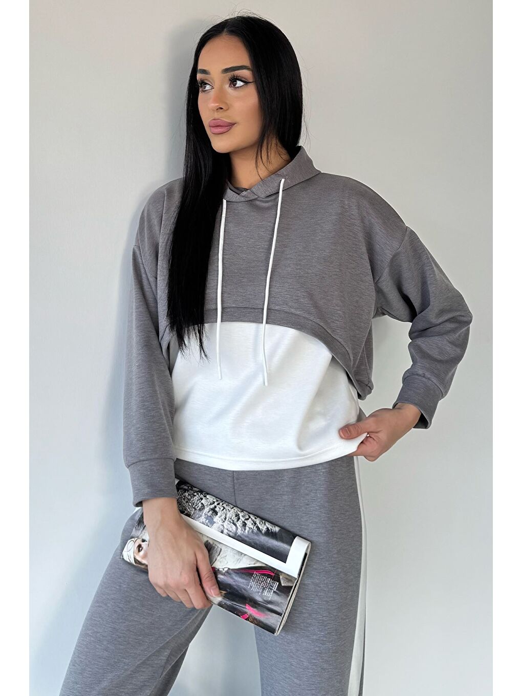 Gri Kadın Elastanlı Atlet Sweat Üçlü Eşofman Takımı