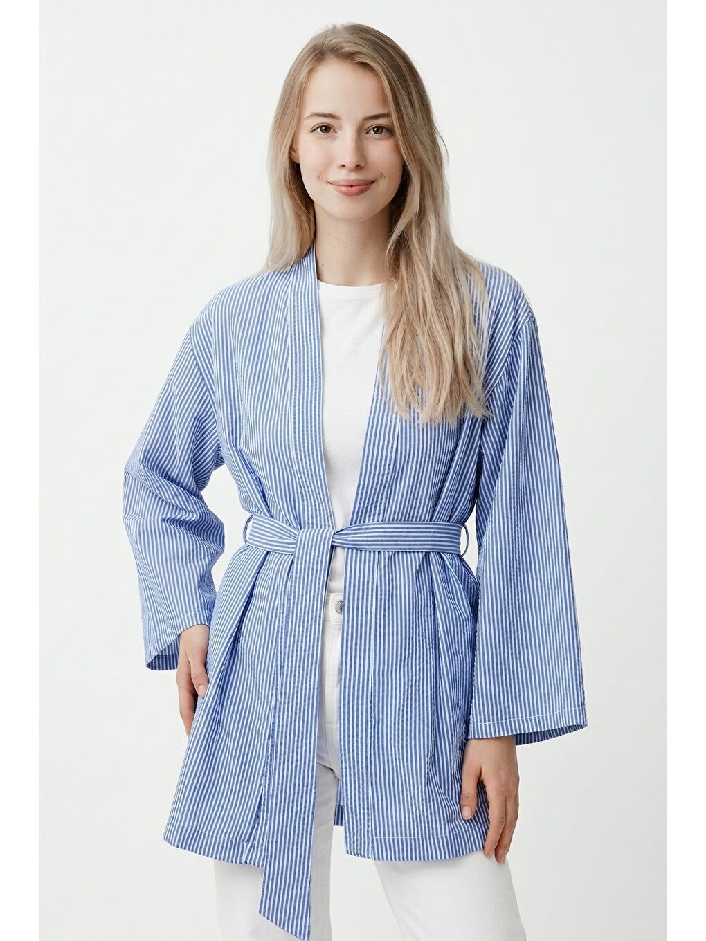 Mavi Kadın Dikey Çizgili Geniş Kollu Yazlık Relaxed Kimono-2