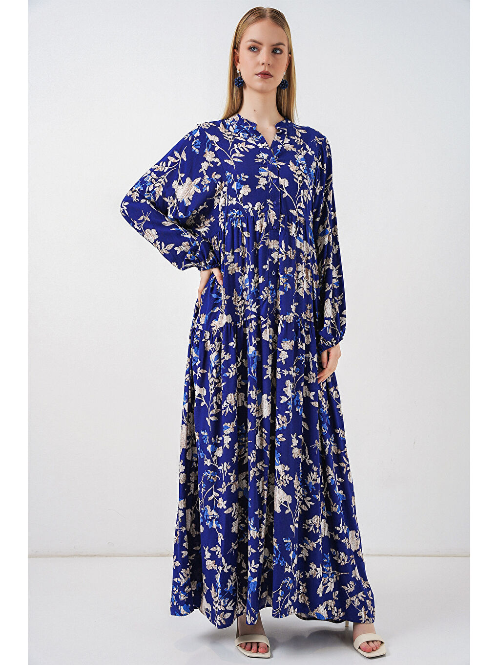 Mavi Kadın Desenli Uzun Tesettür Elbise 2585 - E. Saks