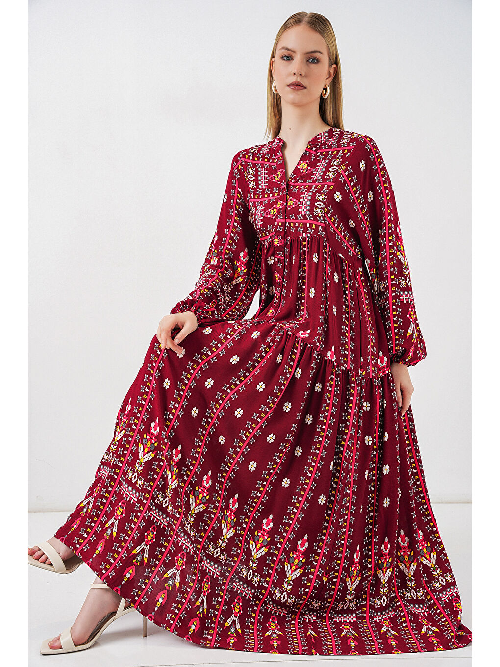 Kadın Desenli Uzun Tesettür Elbise 2585 - K. Kırmızı-2