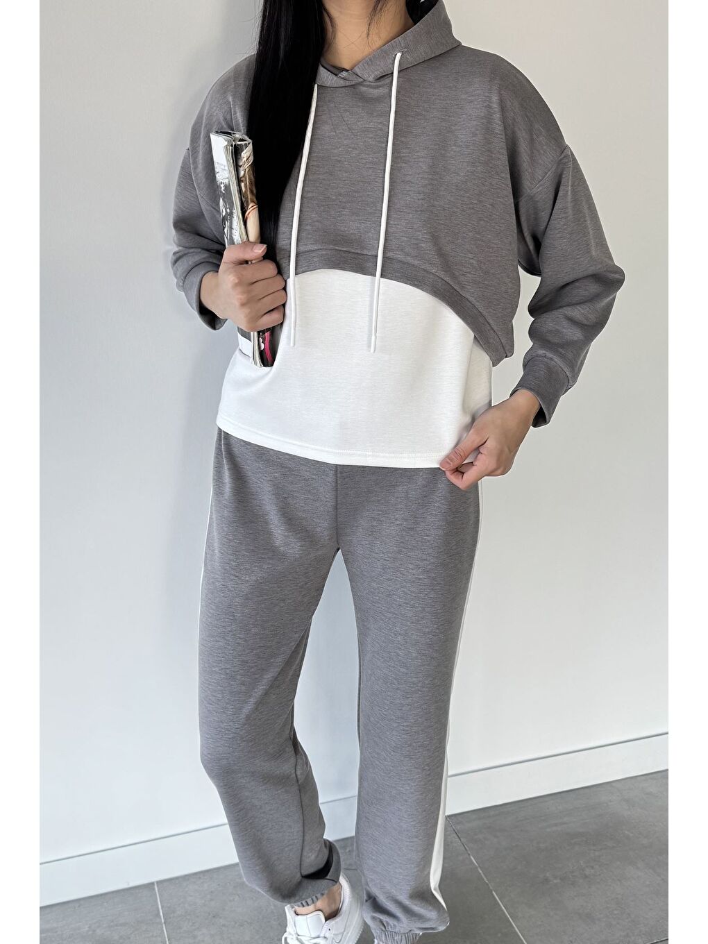 Gri Kadın Elastanlı Atlet Sweat Üçlü Eşofman Takımı-1