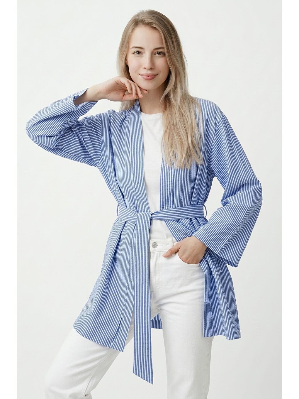 Mavi Kadın Dikey Çizgili Geniş Kollu Yazlık Relaxed Kimono-3