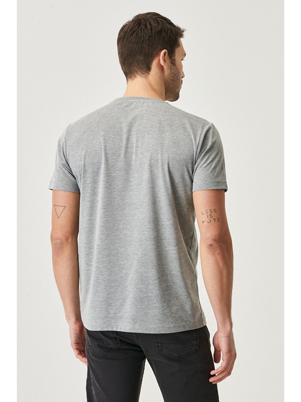 Erkek Beyaz-Gri Melanj-Koyu Gri Slim Fit Bisiklet Yaka 3'lü %100 Pamuk Tişört Paketi-7