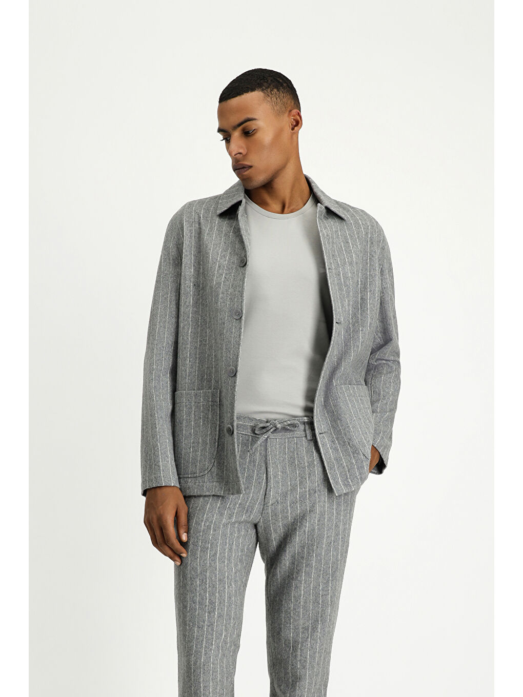 Gri Regular Fit Yünlü Çizgili Spor Ceket-1