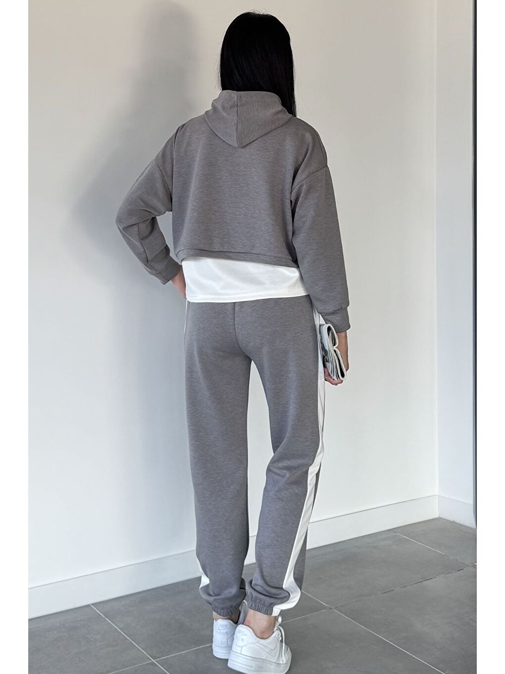 Gri Kadın Elastanlı Atlet Sweat Üçlü Eşofman Takımı-3