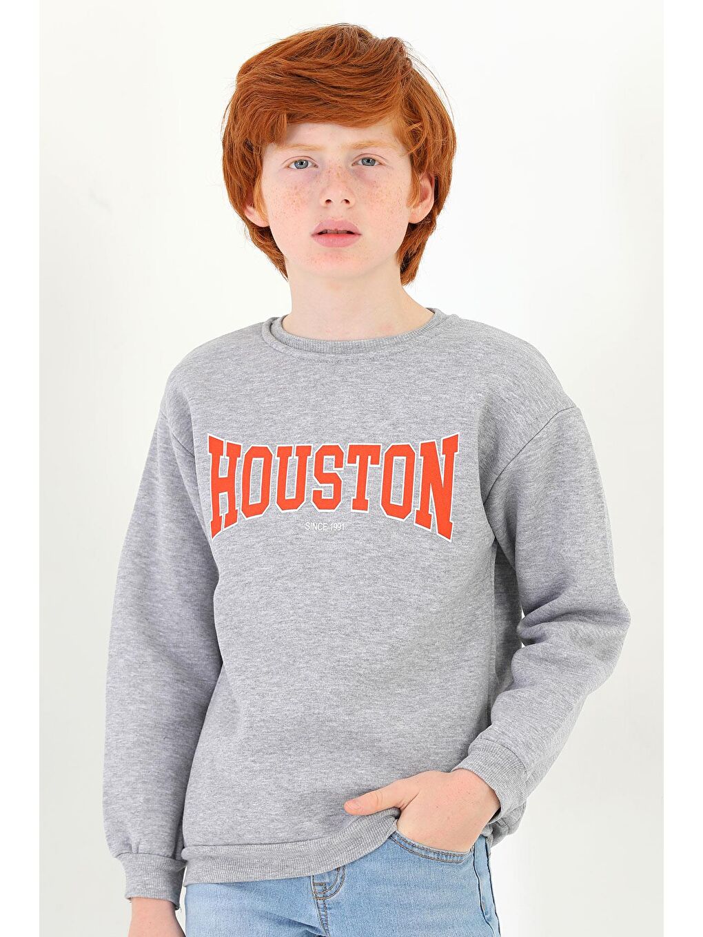 Bisiklet Yaka Uzun Kol Gri Melanj Renk Erkek Çocuk Sweatshirt-1