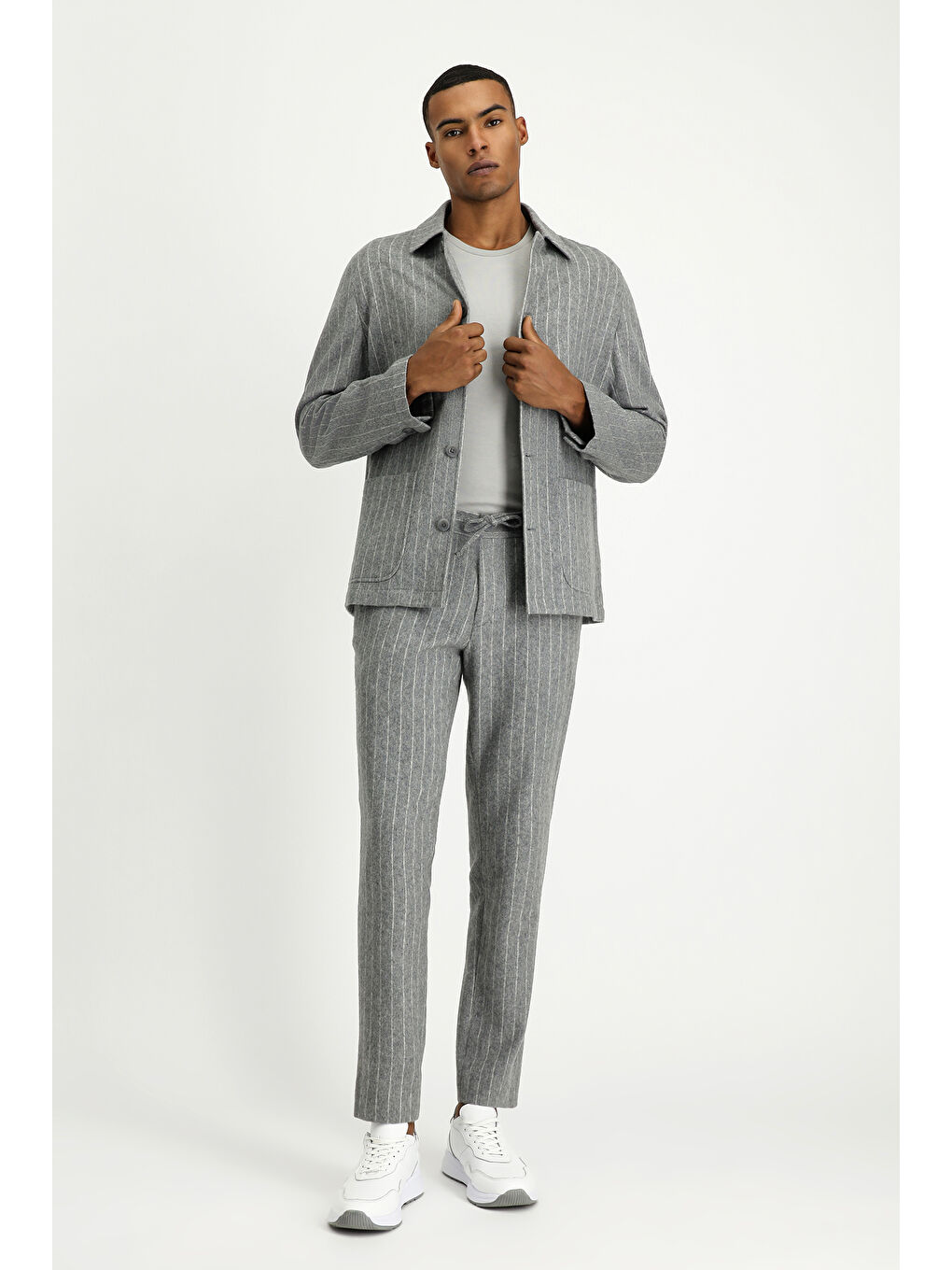 Gri Regular Fit Yünlü Çizgili Spor Ceket-3