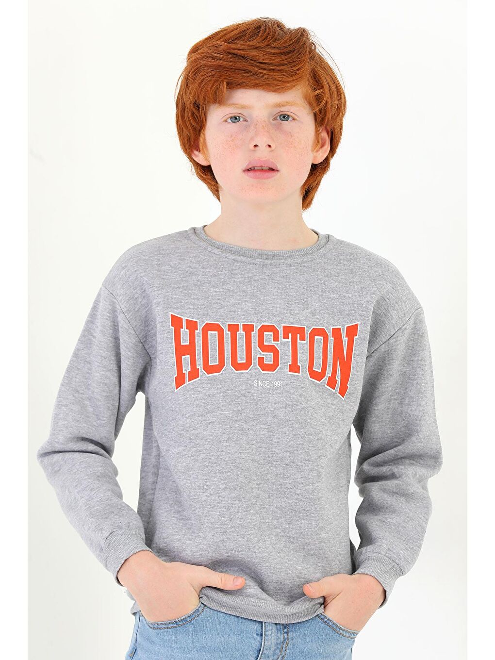 Bisiklet Yaka Uzun Kol Gri Melanj Renk Erkek Çocuk Sweatshirt-2