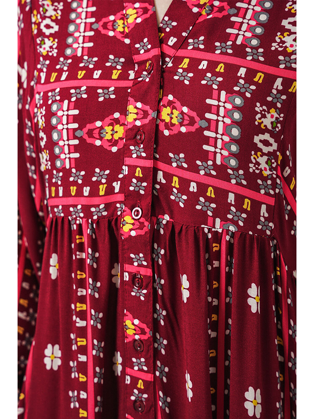 Kadın Desenli Uzun Tesettür Elbise 2585 - K. Kırmızı-4