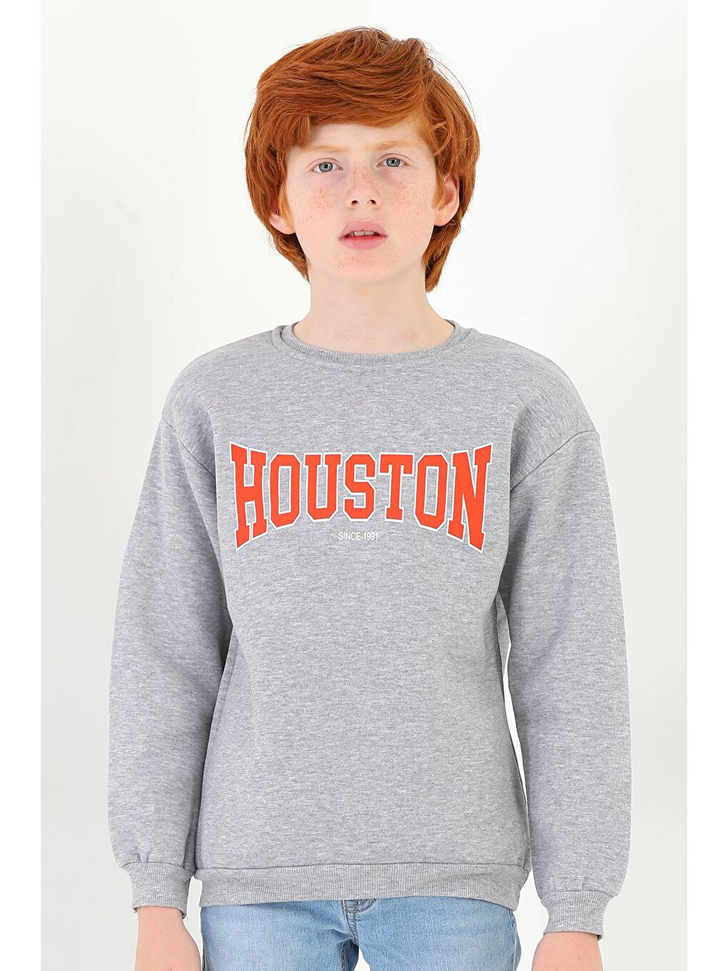 Bisiklet Yaka Uzun Kol Gri Melanj Renk Erkek Çocuk Sweatshirt-3