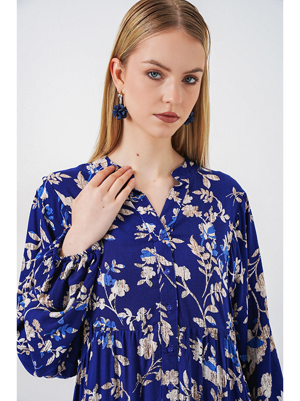 Mavi Kadın Desenli Uzun Tesettür Elbise 2585 - E. Saks-1