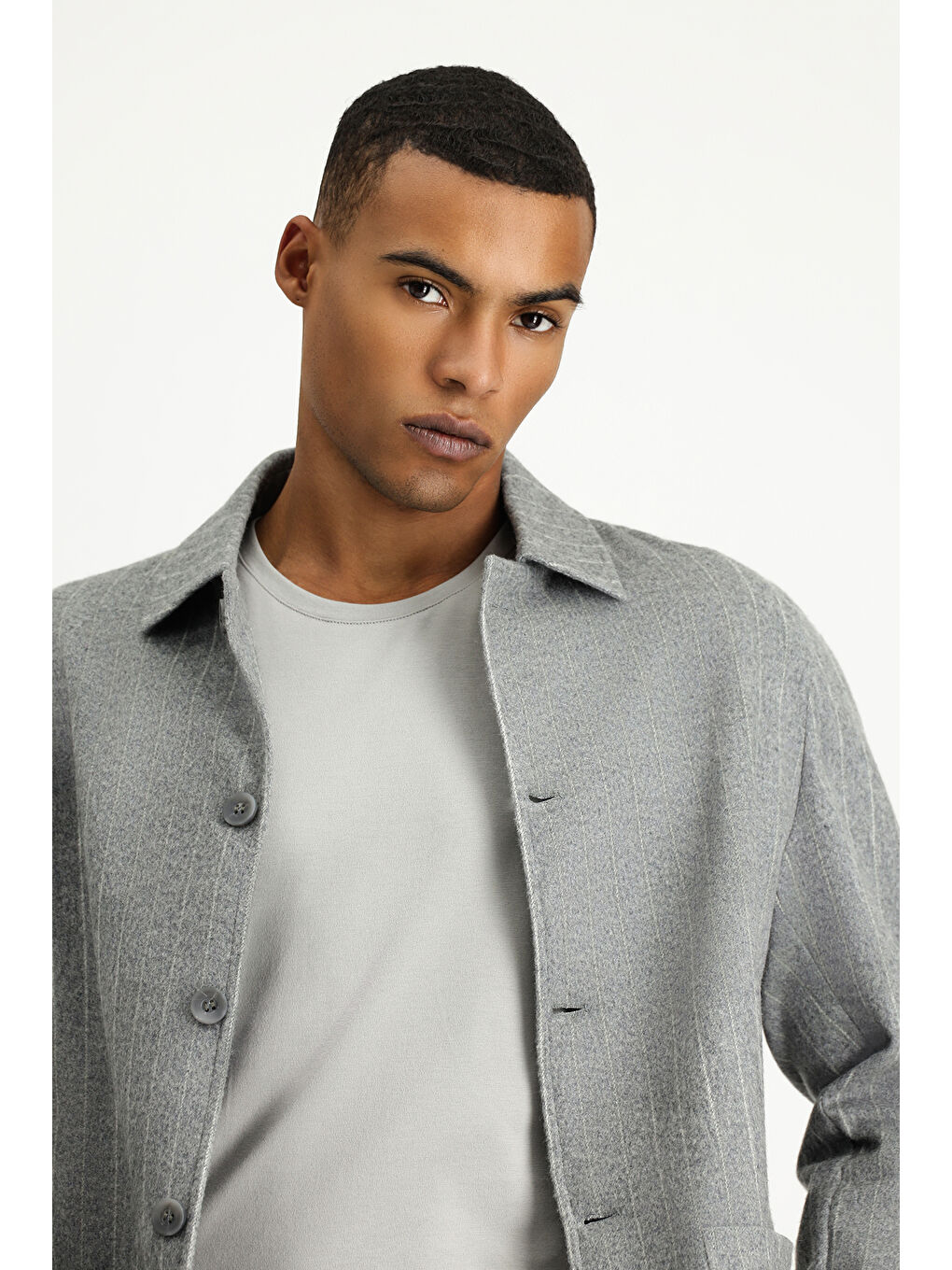 Gri Regular Fit Yünlü Çizgili Spor Ceket-4