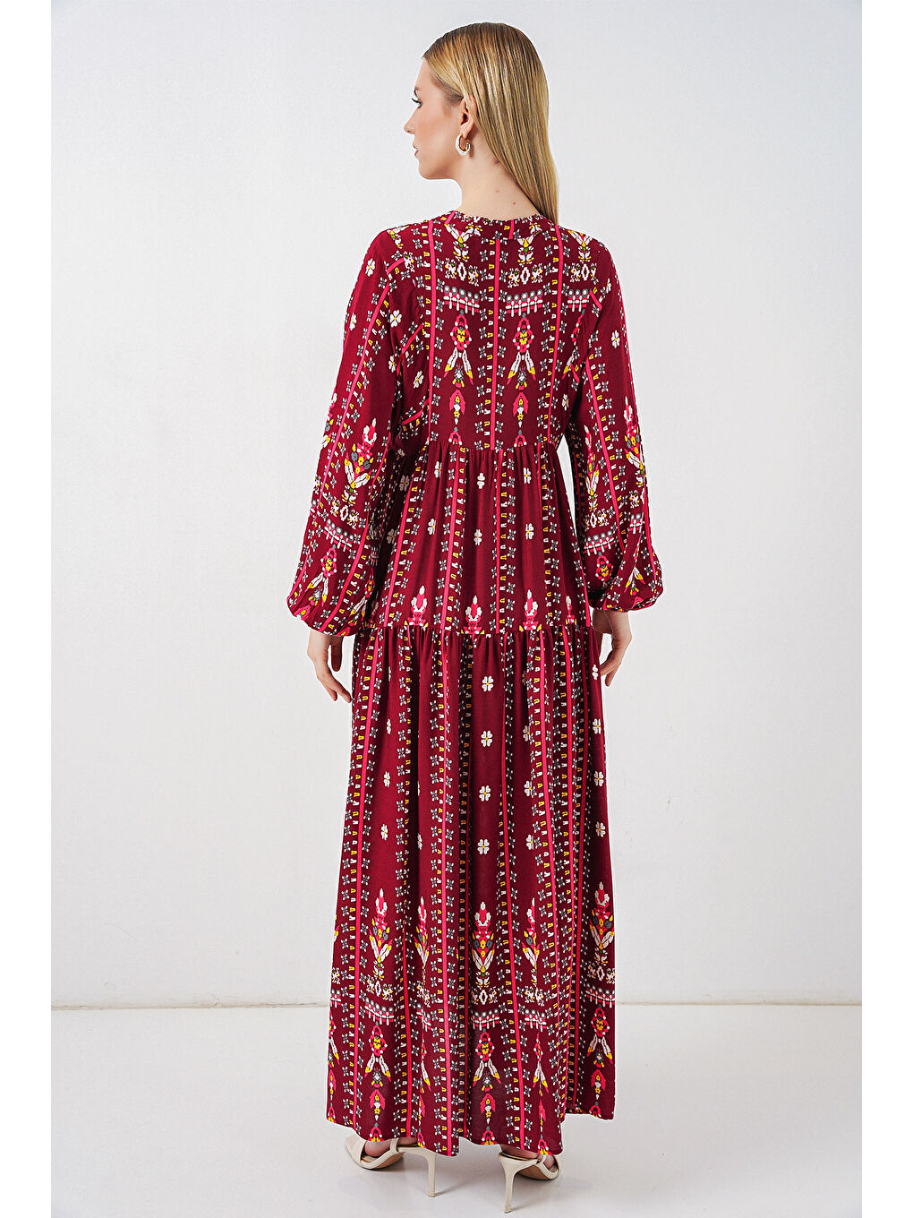 Kadın Desenli Uzun Tesettür Elbise 2585 - K. Kırmızı-5