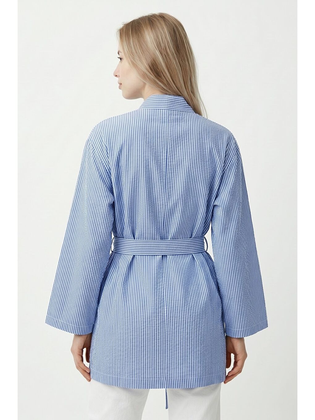 Mavi Kadın Dikey Çizgili Geniş Kollu Yazlık Relaxed Kimono-4