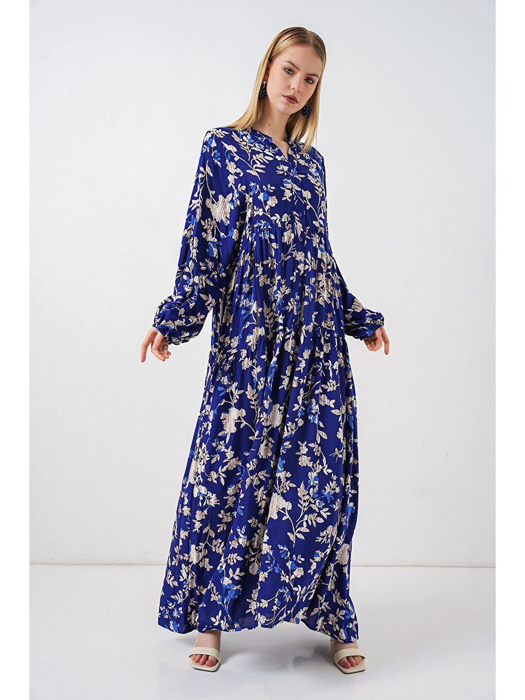 Mavi Kadın Desenli Uzun Tesettür Elbise 2585 - E. Saks-2