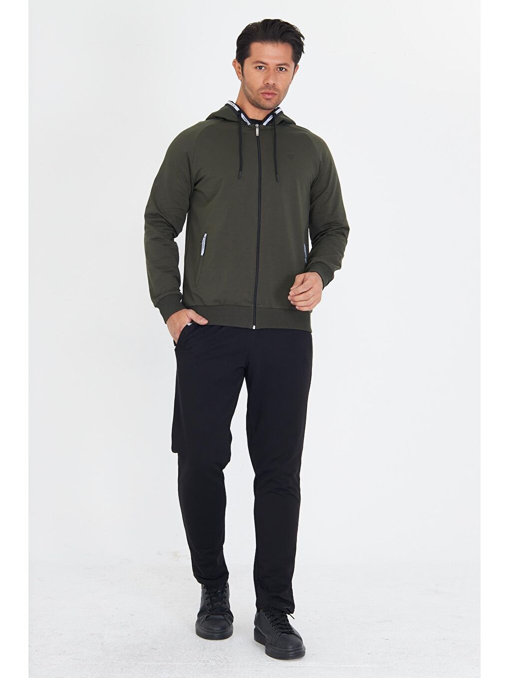 Erkek Pamuklu Kapüşonlu Eşofman Takımı Haki 5756-Ha-2