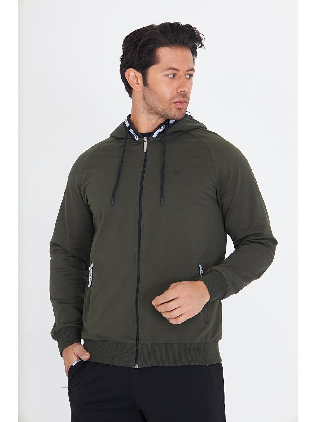 Erkek Pamuklu Kapüşonlu Eşofman Takımı Haki 5756-Ha-3