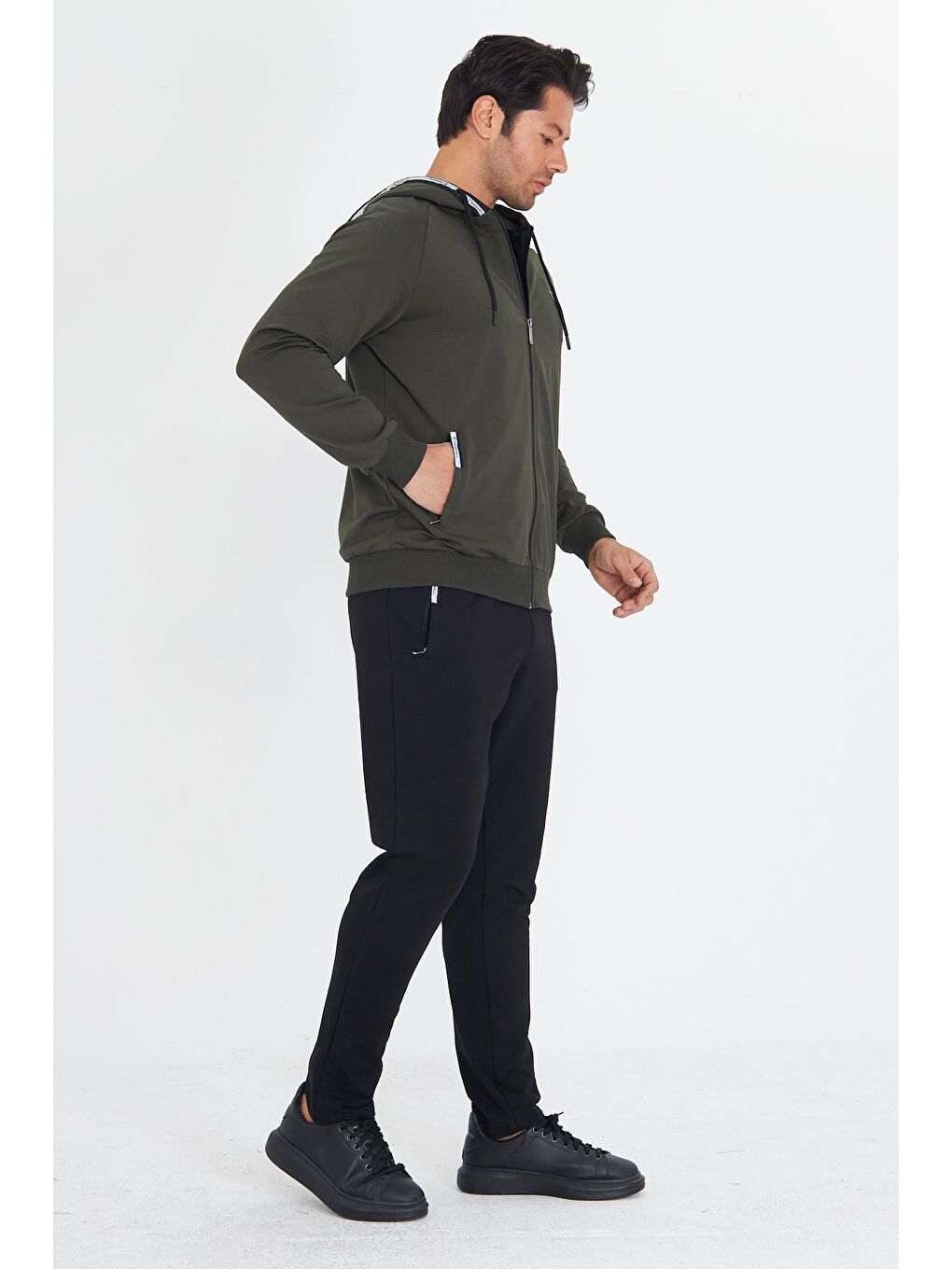Erkek Pamuklu Kapüşonlu Eşofman Takımı Haki 5756-Ha-4