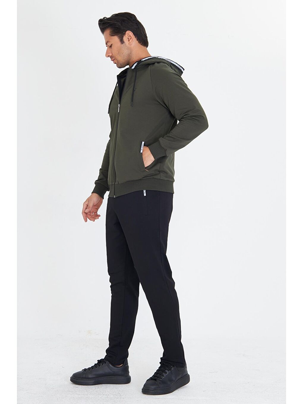 Erkek Pamuklu Kapüşonlu Eşofman Takımı Haki 5756-Ha-5