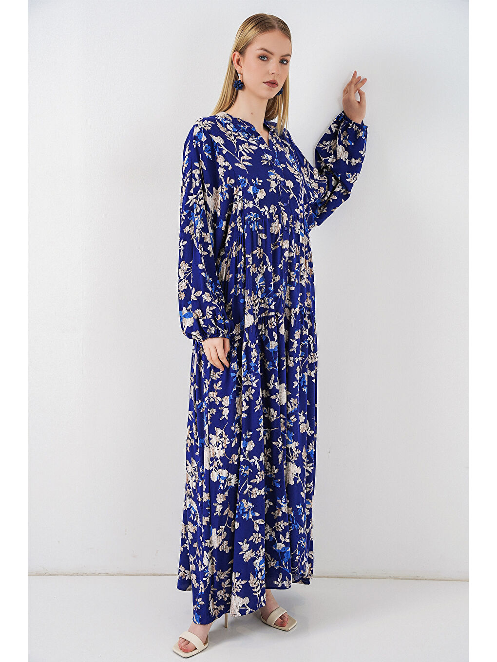 Mavi Kadın Desenli Uzun Tesettür Elbise 2585 - E. Saks-3