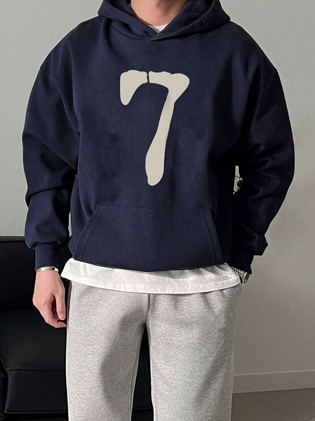 Erkek Lacivert 7 Baskılı Sweatshirt Uzun Kollu Hoodie