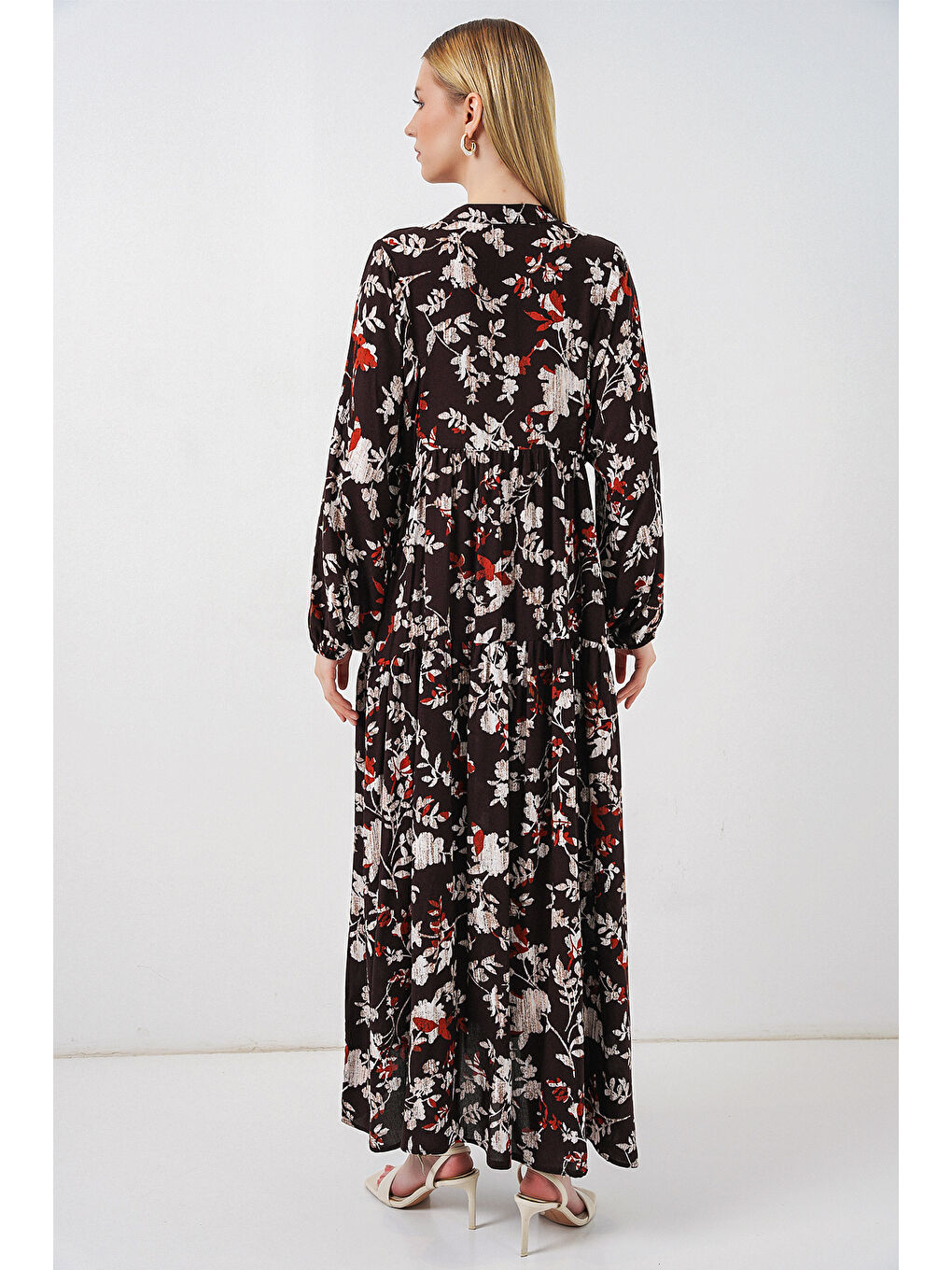 Kadın Desenli Uzun Tesettür Elbise 2585 - Beyaz - Kahve-5