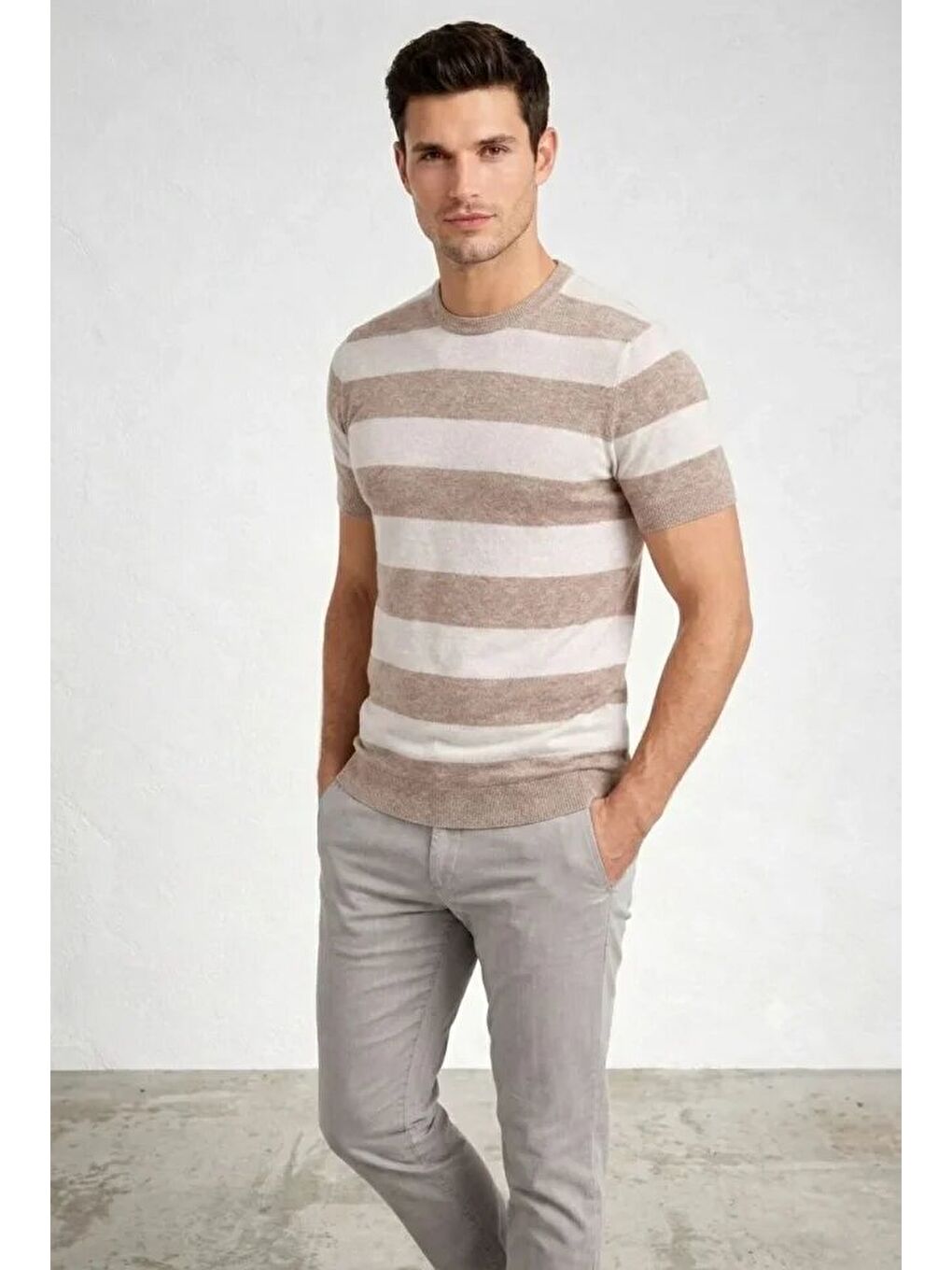 Bej Erkek Çizgili Triko Dokuma Bisiklet Yaka Tişört