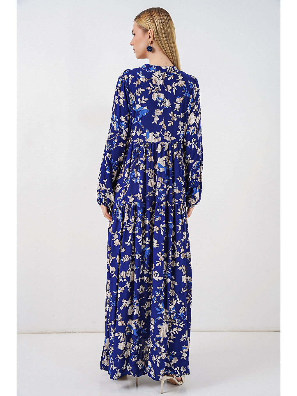 Mavi Kadın Desenli Uzun Tesettür Elbise 2585 - E. Saks-5