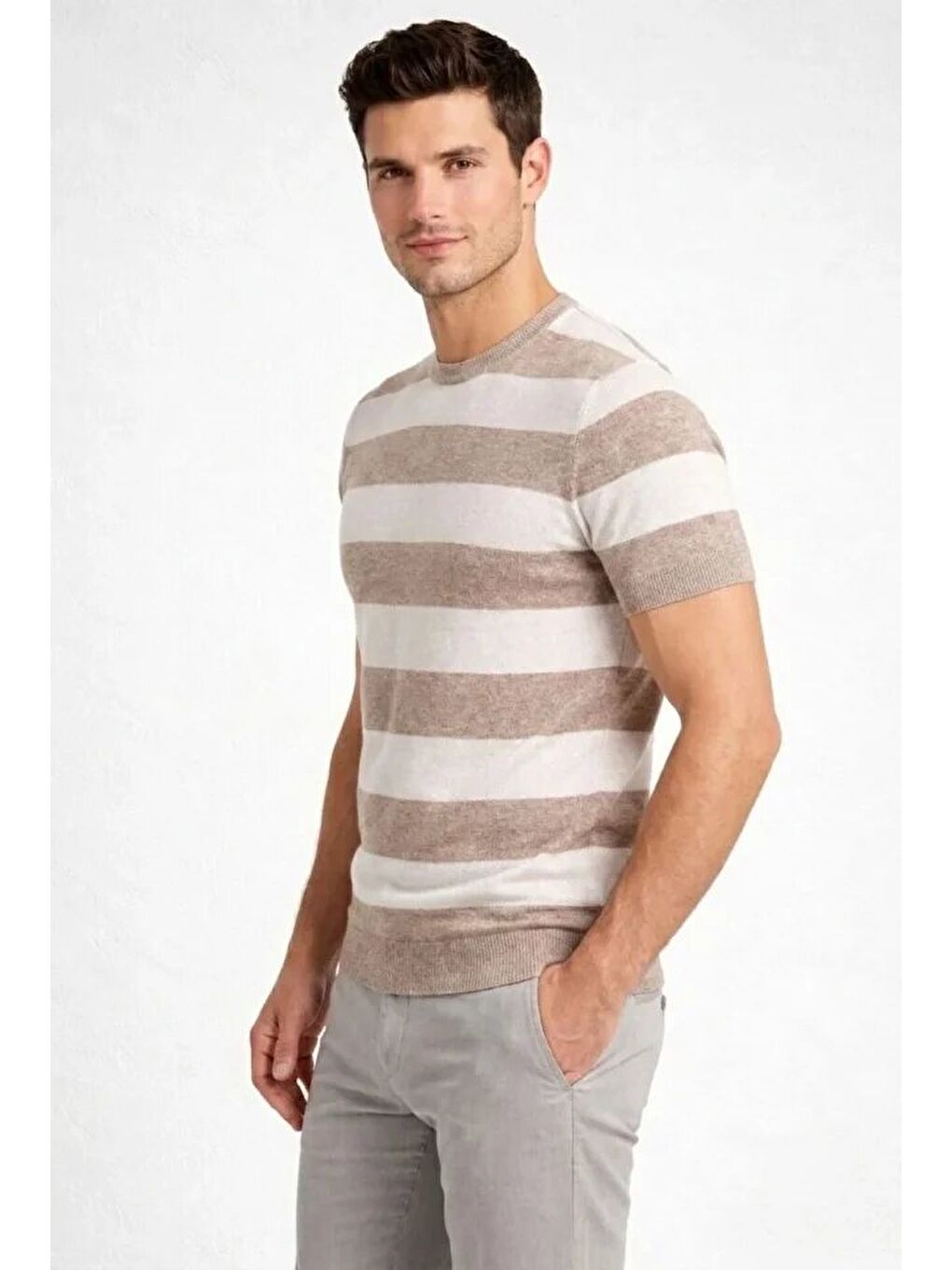 Bej Erkek Çizgili Triko Dokuma Bisiklet Yaka Tişört-1