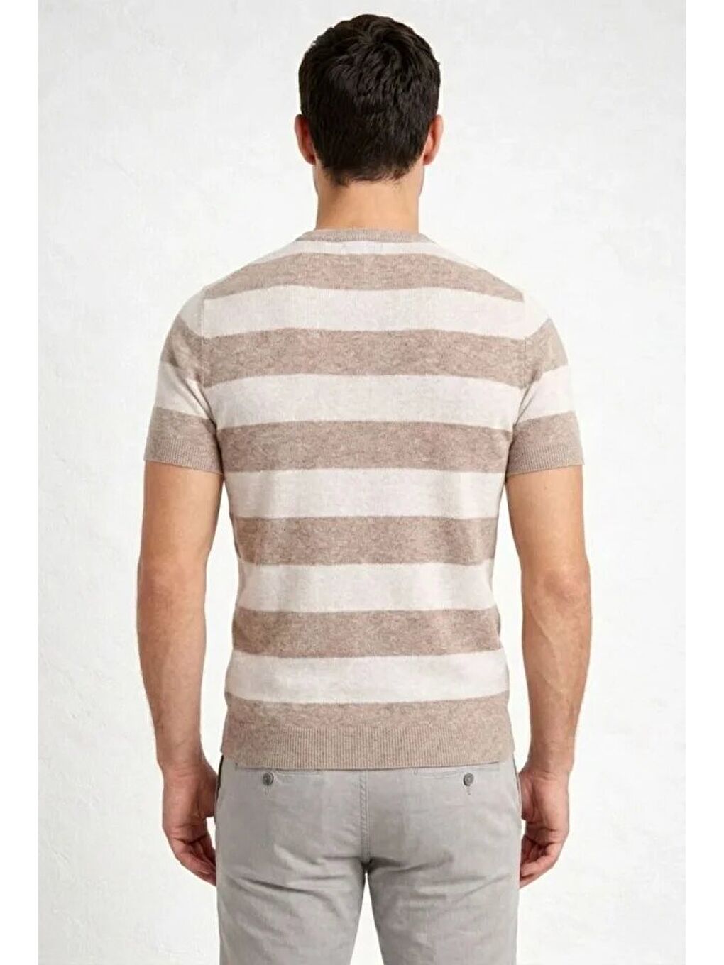 Bej Erkek Çizgili Triko Dokuma Bisiklet Yaka Tişört-2