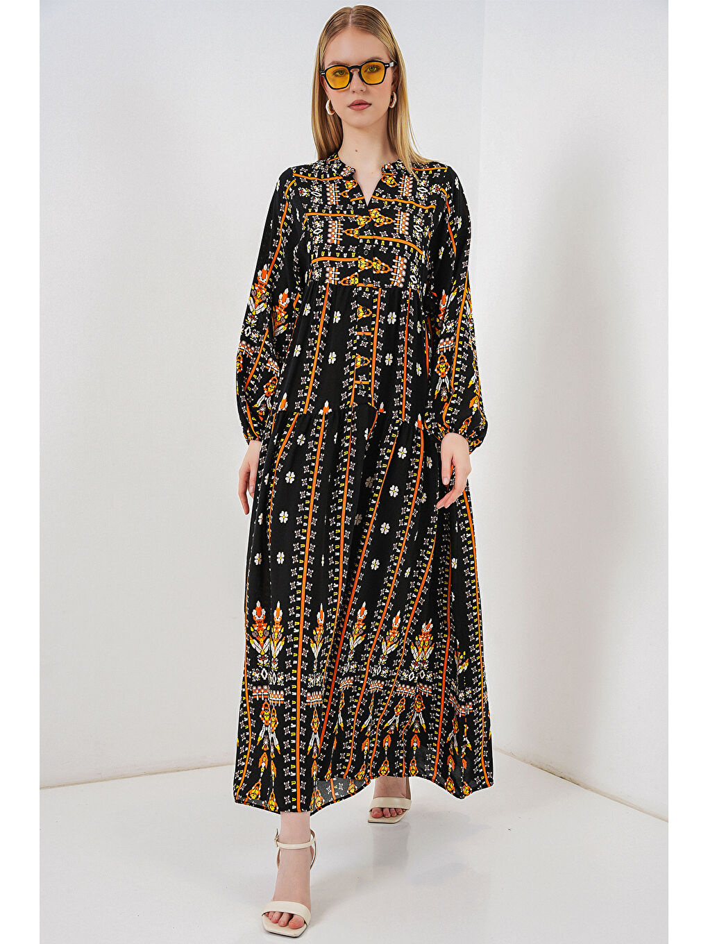 Kadın Desenli Uzun Tesettür Elbise 2585 - N. Siyah