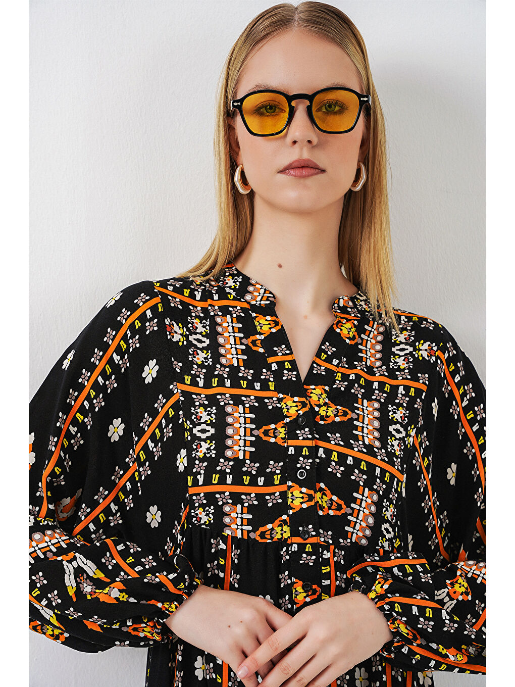 Kadın Desenli Uzun Tesettür Elbise 2585 - N. Siyah-1