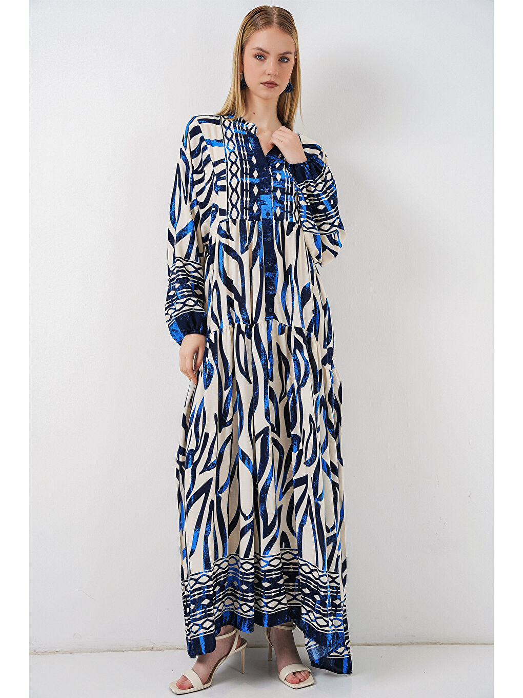 Kadın Desenli Uzun Tesettür Elbise 2585 - T. Lacivert