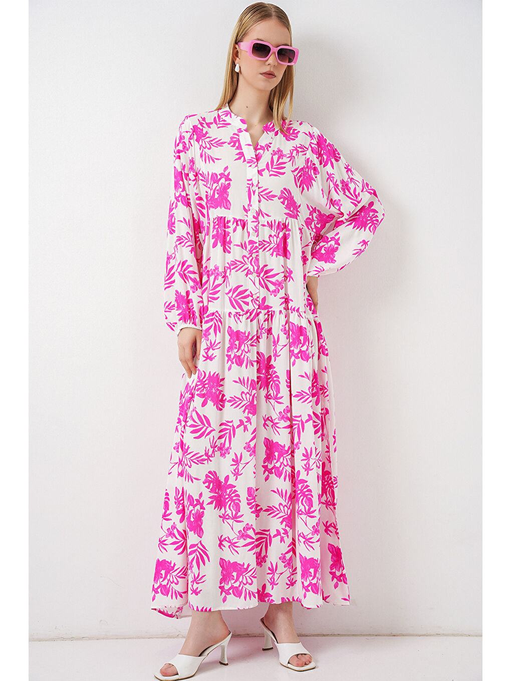 Kadın Desenli Uzun Tesettür Elbise 2585 - Pembe