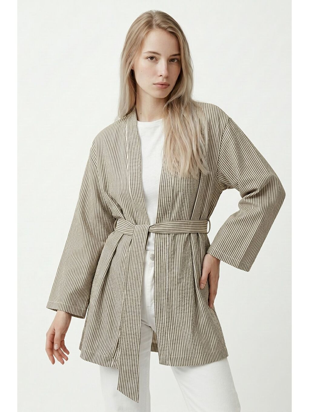 Haki Kadın Dikey Çizgili Geniş Kollu Yazlık Relaxed Kimono