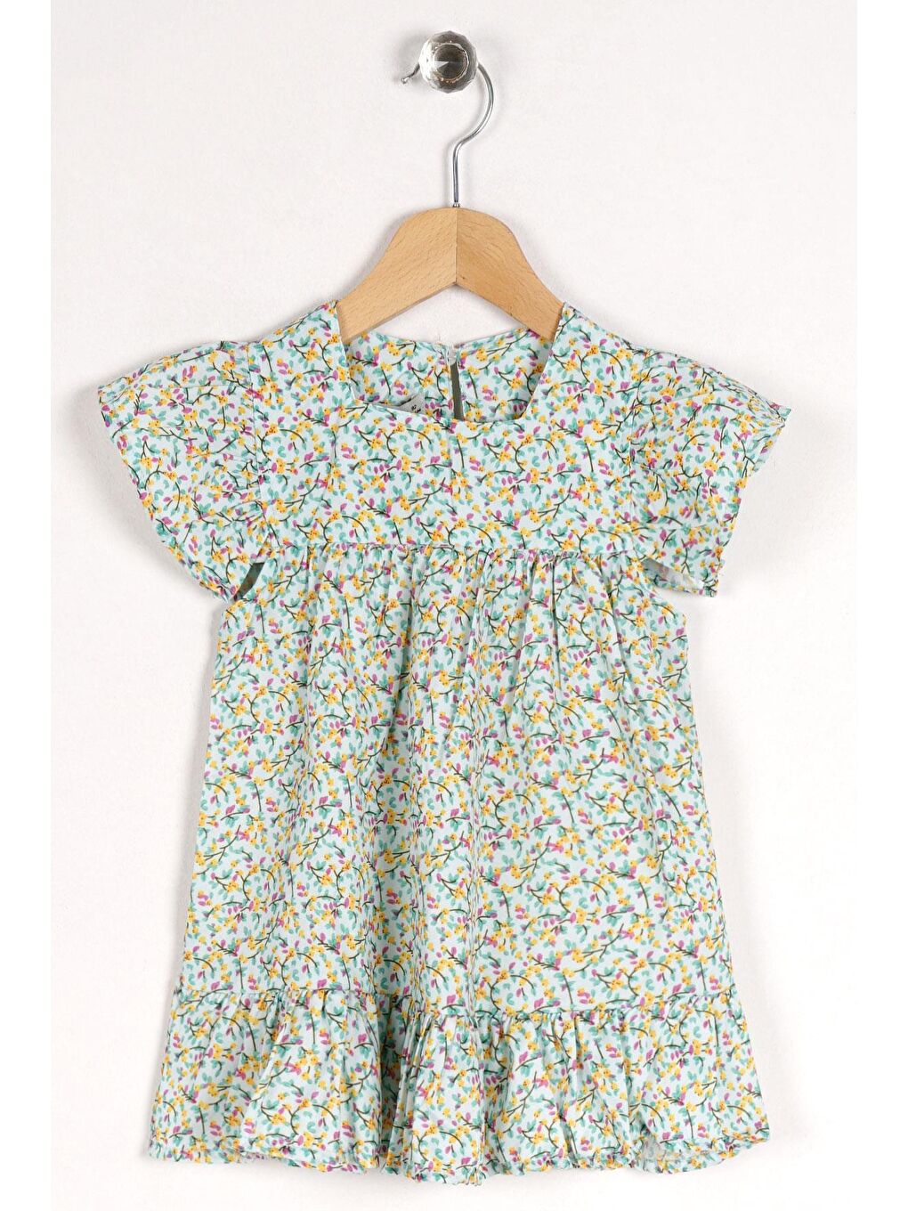 Yeşil Kare Yaka Fırfır Kol Çiçek Desenli Mint Renk Kız Çocuk Elbise