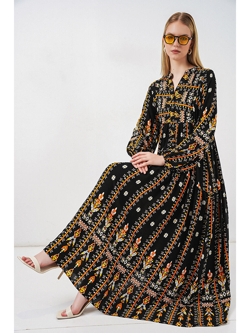 Kadın Desenli Uzun Tesettür Elbise 2585 - N. Siyah-2