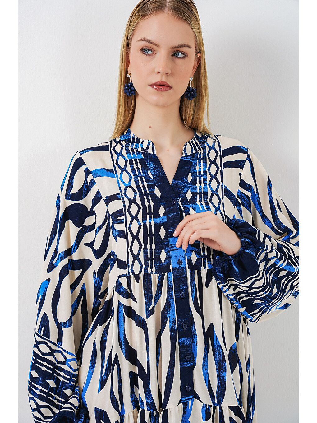 Kadın Desenli Uzun Tesettür Elbise 2585 - T. Lacivert-1