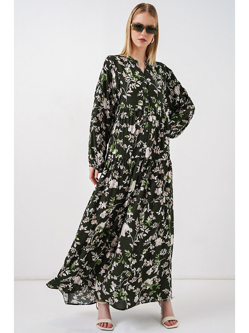 Kadın Desenli Uzun Tesettür Elbise 2585 - Koyu Haki