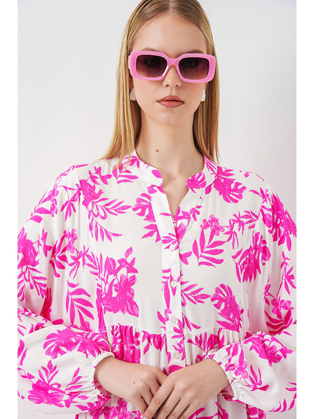 Kadın Desenli Uzun Tesettür Elbise 2585 - Pembe-1