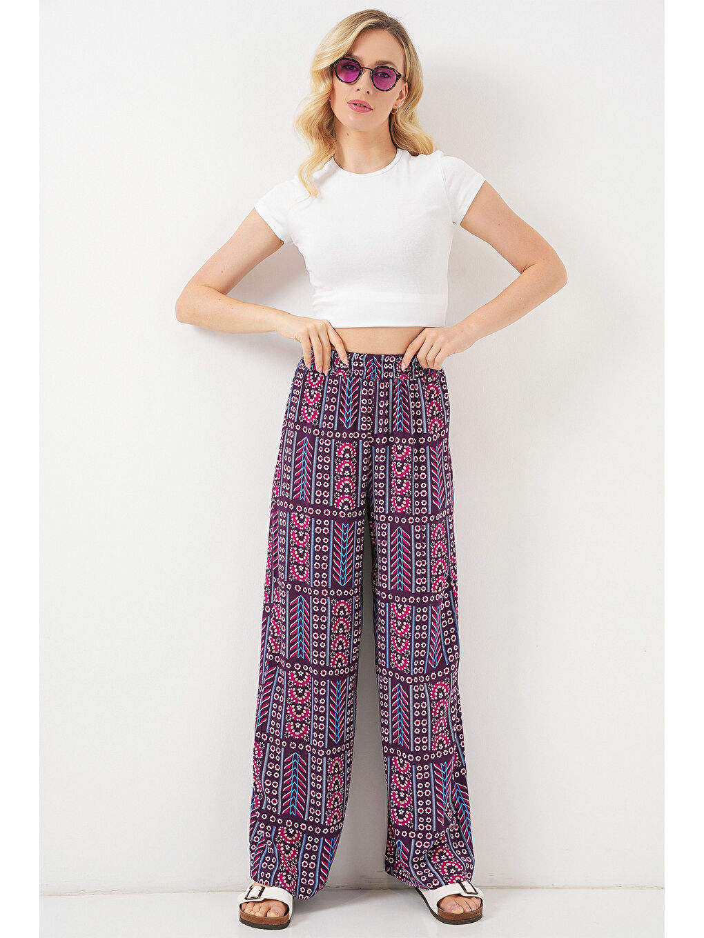 Kadın Desenli Viskon Pantolon 6749 - Mor-2