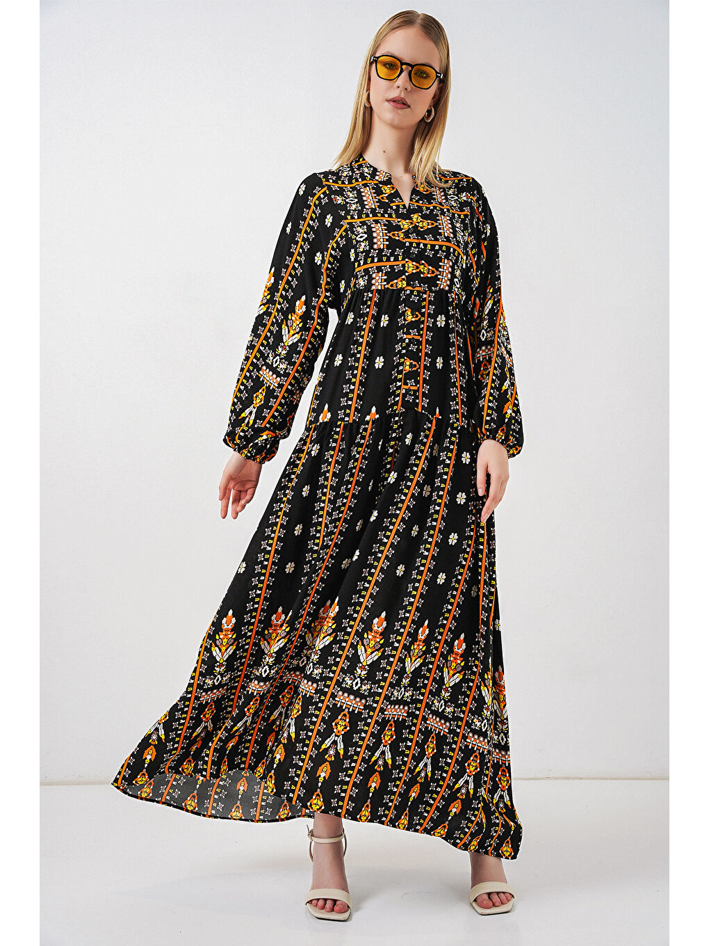 Kadın Desenli Uzun Tesettür Elbise 2585 - N. Siyah-3