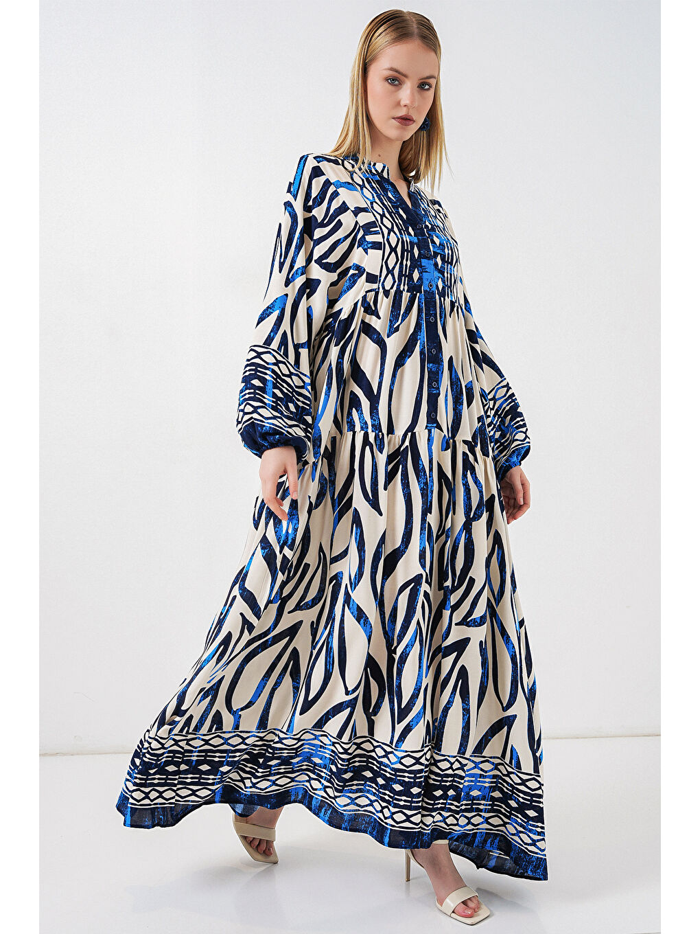 Kadın Desenli Uzun Tesettür Elbise 2585 - T. Lacivert-2