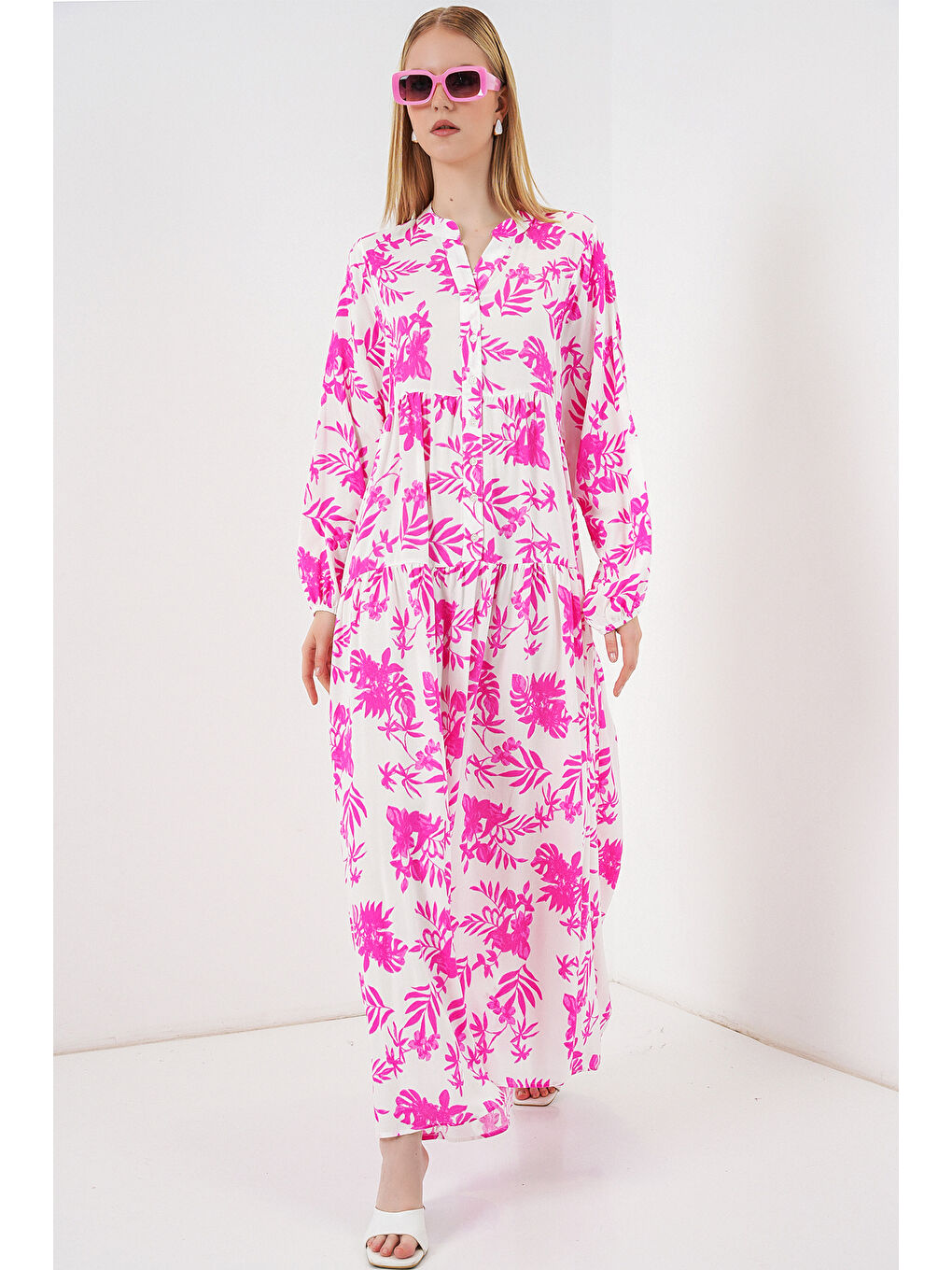 Kadın Desenli Uzun Tesettür Elbise 2585 - Pembe-2