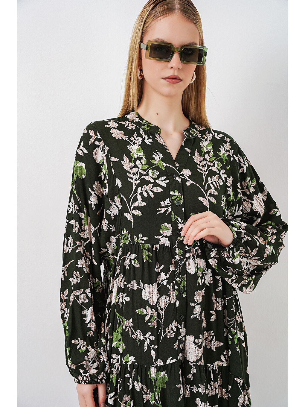 Kadın Desenli Uzun Tesettür Elbise 2585 - Koyu Haki-1