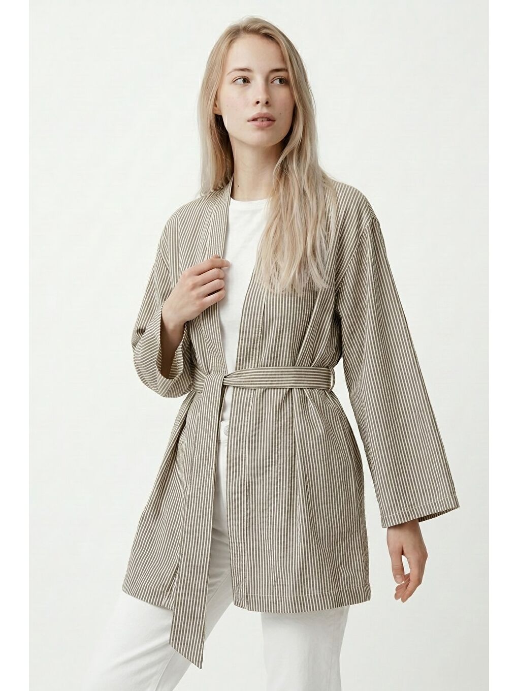 Haki Kadın Dikey Çizgili Geniş Kollu Yazlık Relaxed Kimono-2